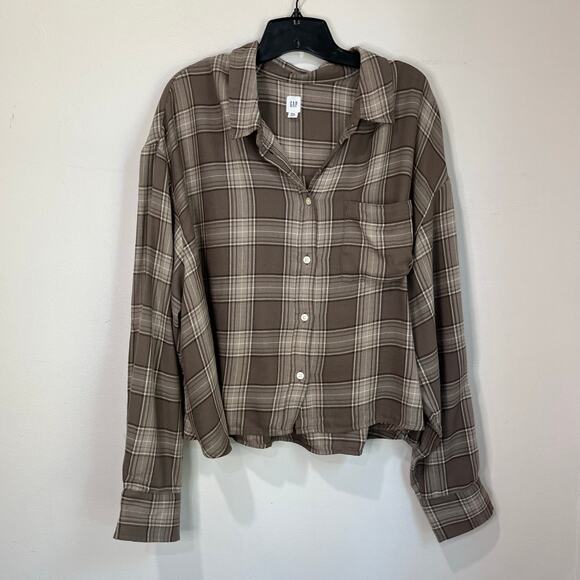 GAP Brown Plaid Cropped Flannel Button Down Shirt XXL Soft Casual Fall - Picture 2 of 10